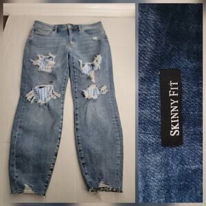 Judy Blue Jeans SZ 14W skinny Fit High Rise Stretch Picnic Plaid Patchwork